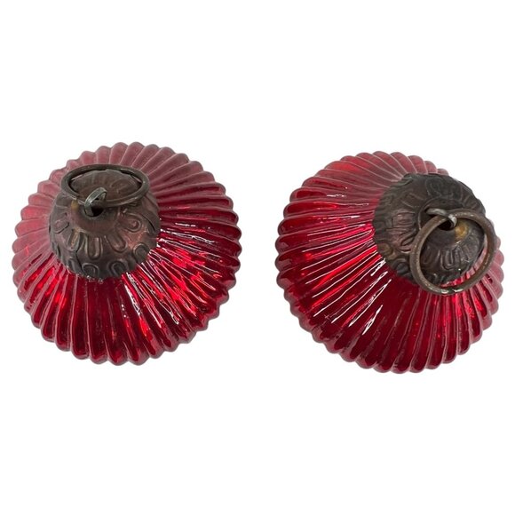 3 Modern Kugel Style Glass Christmas Tree Ornaments Ribbed Red Blue Metal Caps - Picture 3 of 12